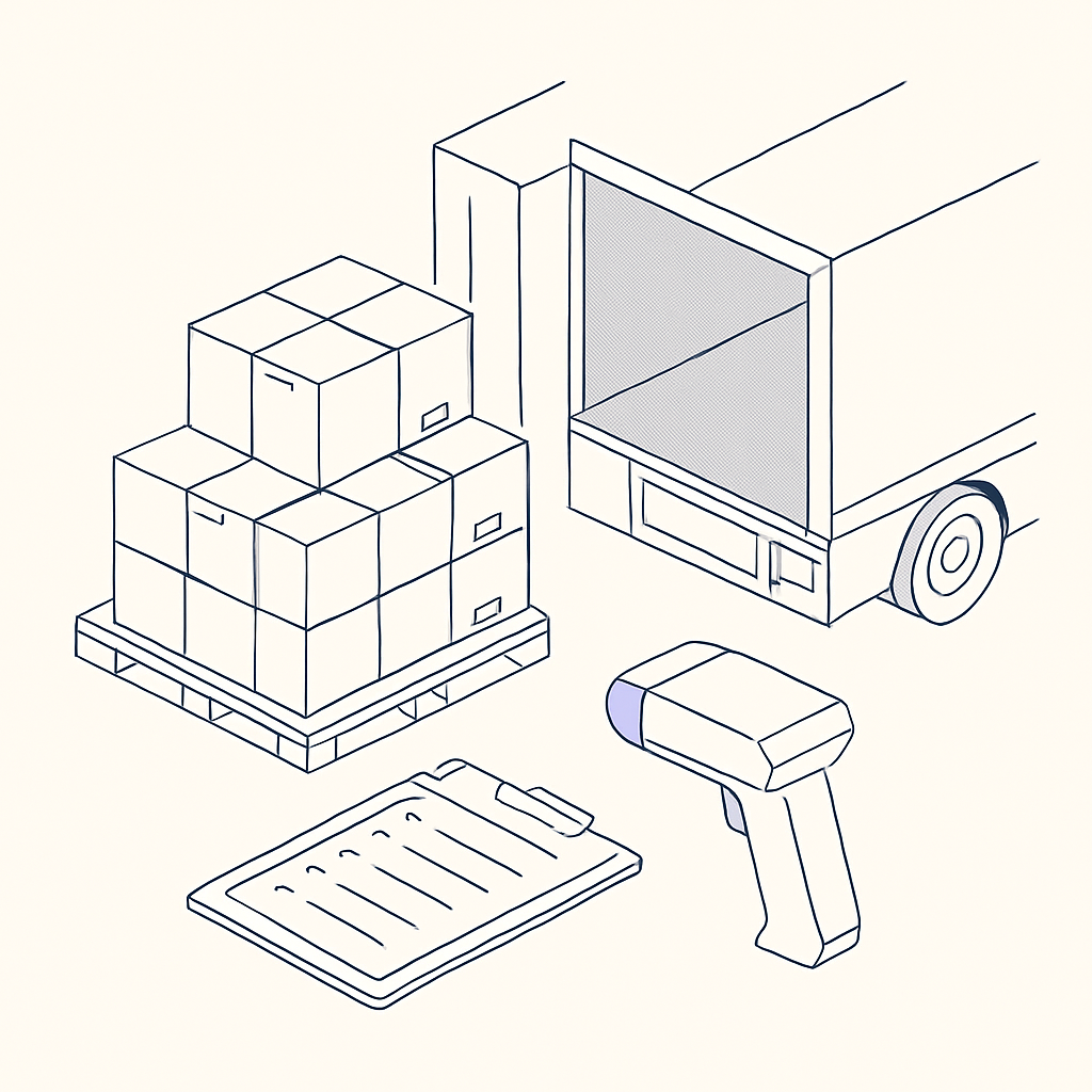 Isometric illustration of inbound inventory intake at a warehouse receiving dock with pallets, boxes, a barcode scanner, and a delivery truck