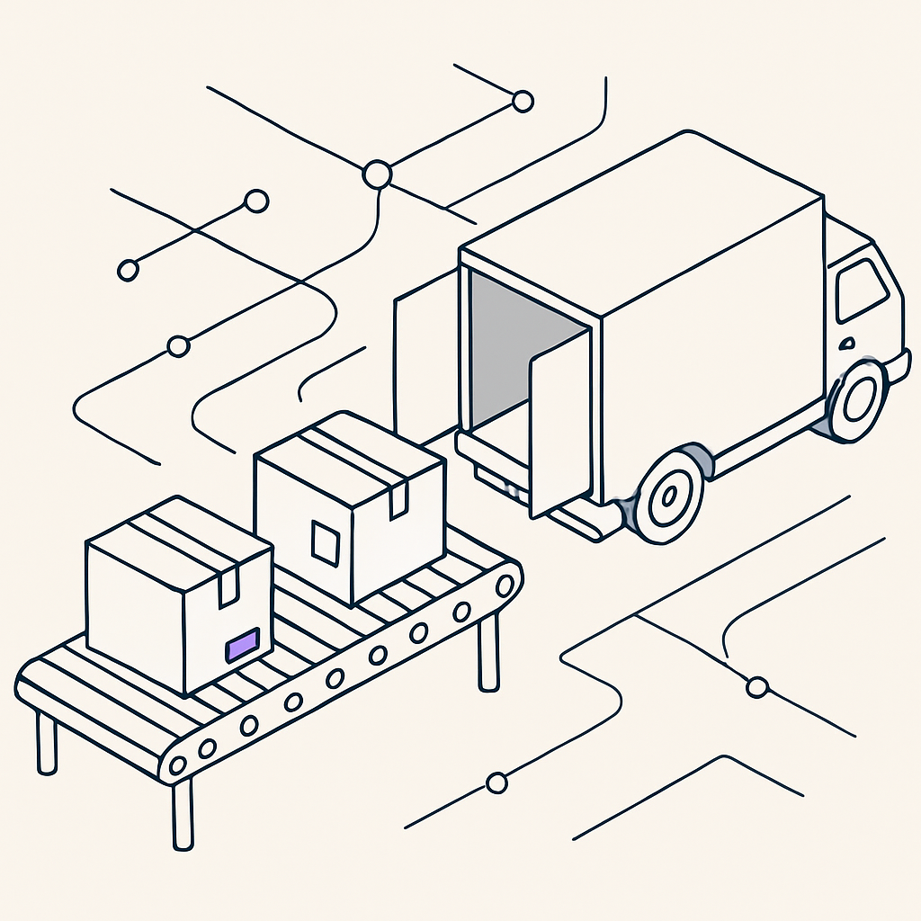 Isometric illustration of outbound shipping with packed parcels on a conveyor moving toward a delivery truck and distribution route lines