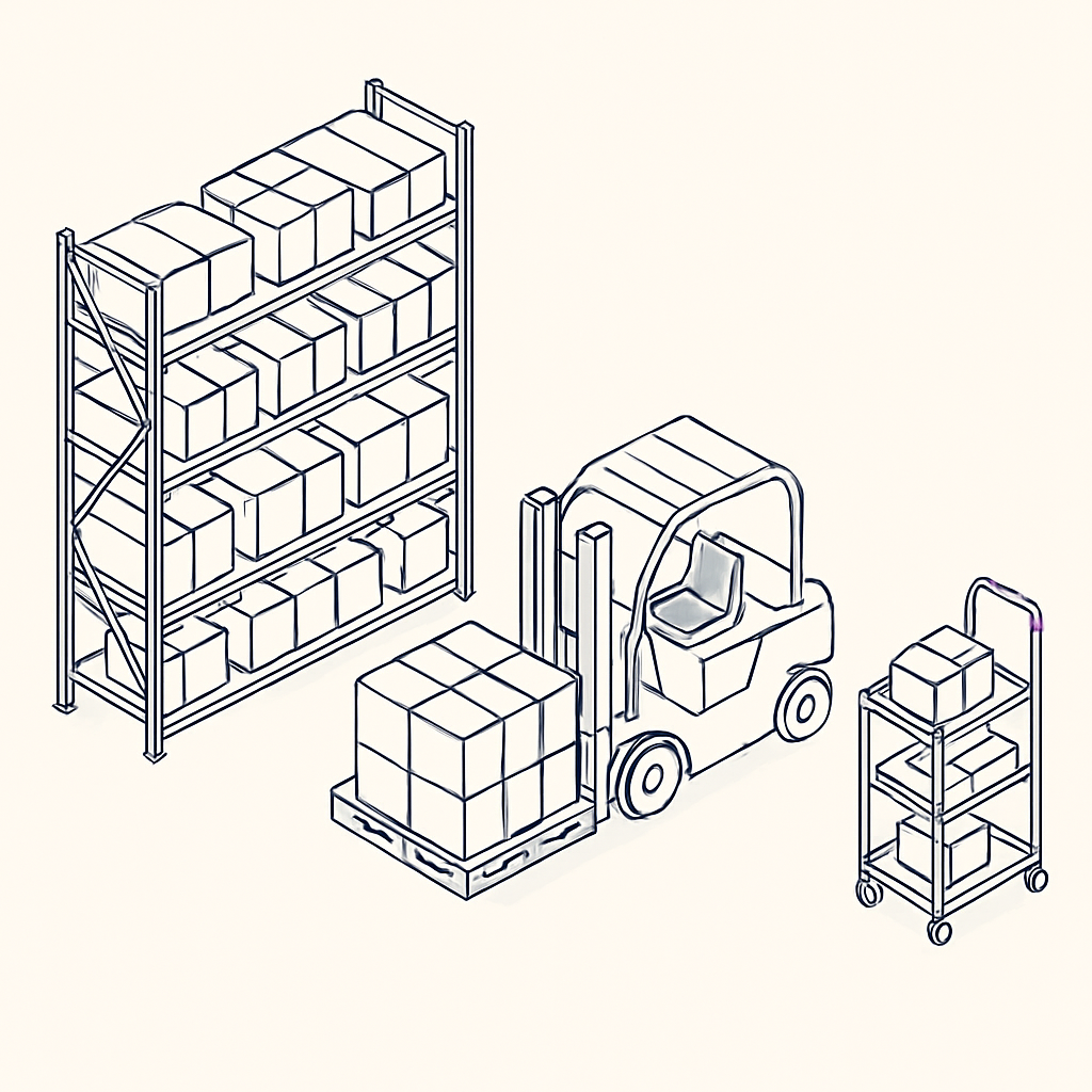 Isometric illustration of organized warehouse storage with tall shelving racks, a forklift moving a pallet, and a picking cart